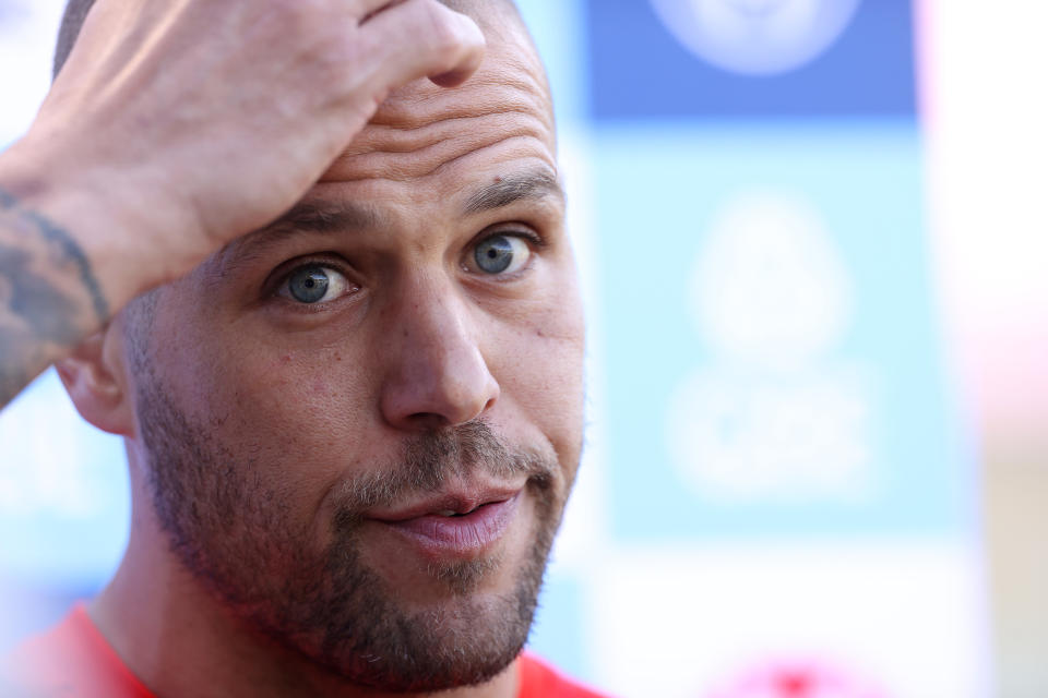 Lance Franklin, pictured here talking to the media during a Sydney Swans training session at the SCG.