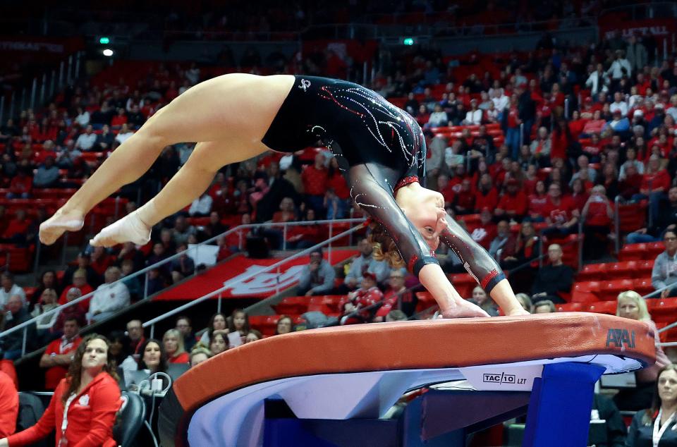 Utah’s Camie Winger launches off the vault as the Utah Red Rocks compete against Oregon State in a gymnastics meet at the Huntsman Center in Salt Lake City on Friday, Feb. 2, 2024. Utah won. | Kristin Murphy, Deseret News