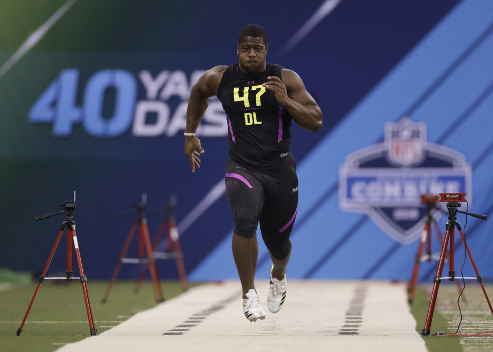 North Carolina State defensive lineman Kentavius Street, shown here at the combine, tore his ACL at a private workout. (AP)