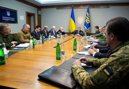 Ukrainian President Petro Poroshenko chairs a meeting with heads of military and security forces in Kiev, Ukraine November 30, 2018. Mykhailo Markiv/Ukrainian Presidential Press Service/Handout via REUTERS
