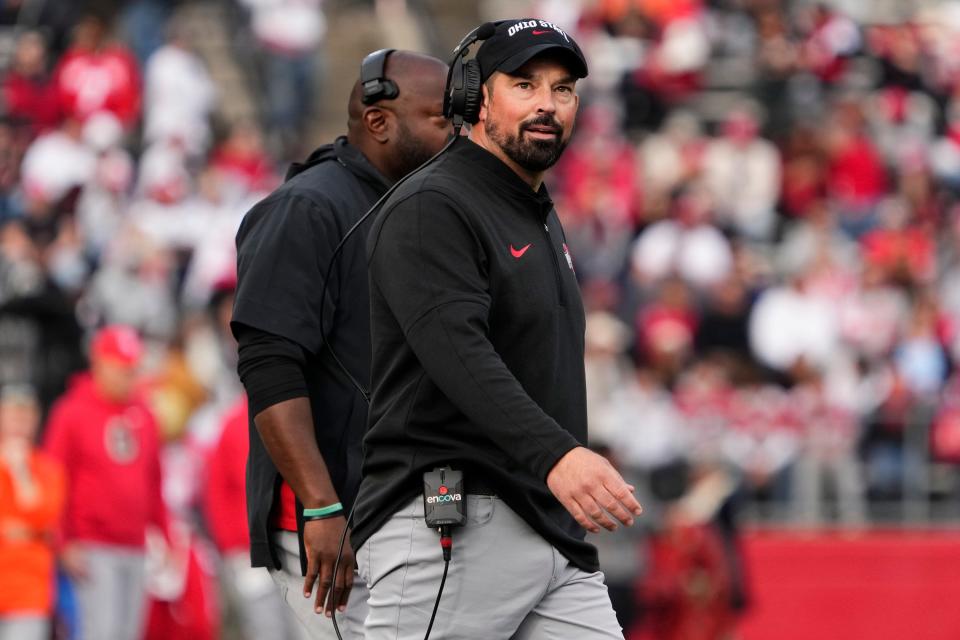 Nov 4, 2023; Piscataway, New Jersey, USA; Ohio State Buckeyes head coach Ryan Day looks to the scoreboard during the NCAA football game against the Rutgers Scarlet Knights at SHI Stadium. Ohio State won 35-16.