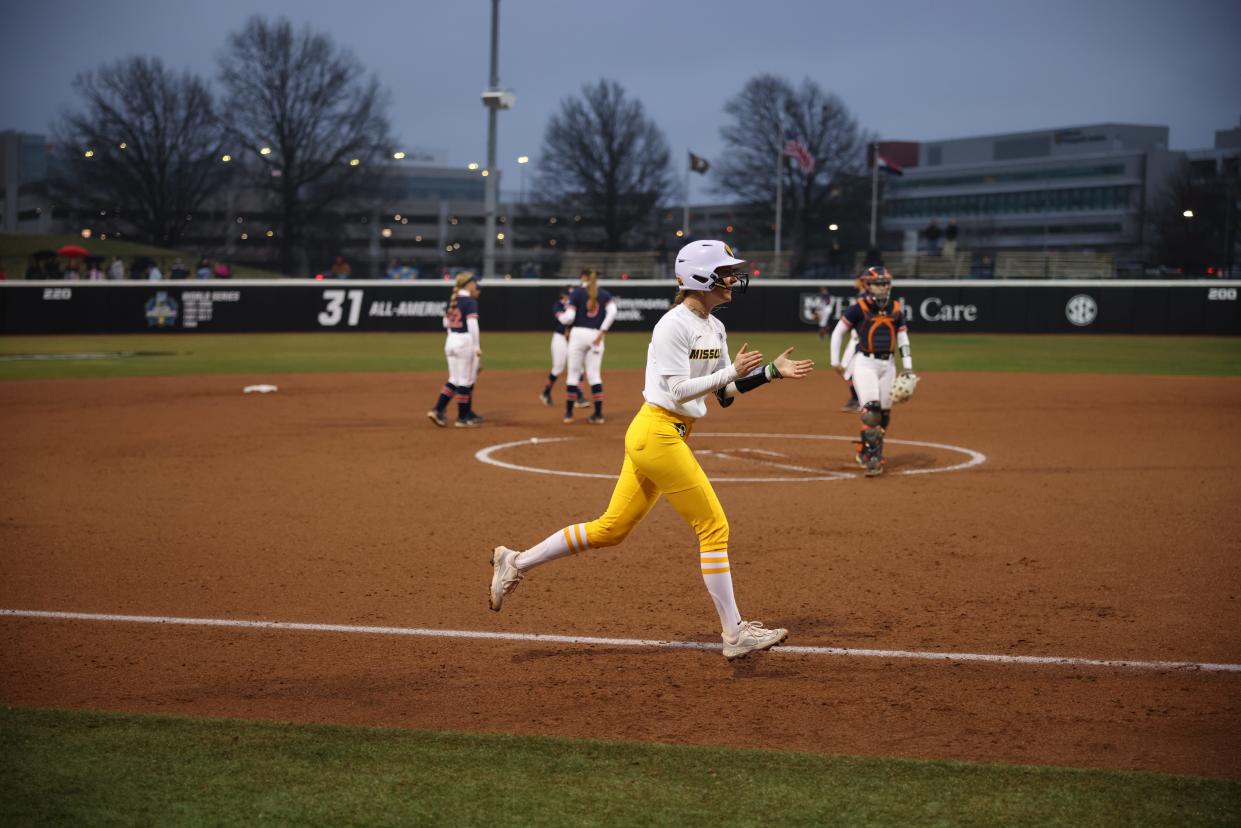 Missouri softball catcher Julia Crenshaw runs home after hitting a three-run home run in the fifth inning of MU's win over Auburn on Friday at Mizzou Softball Stadium.
