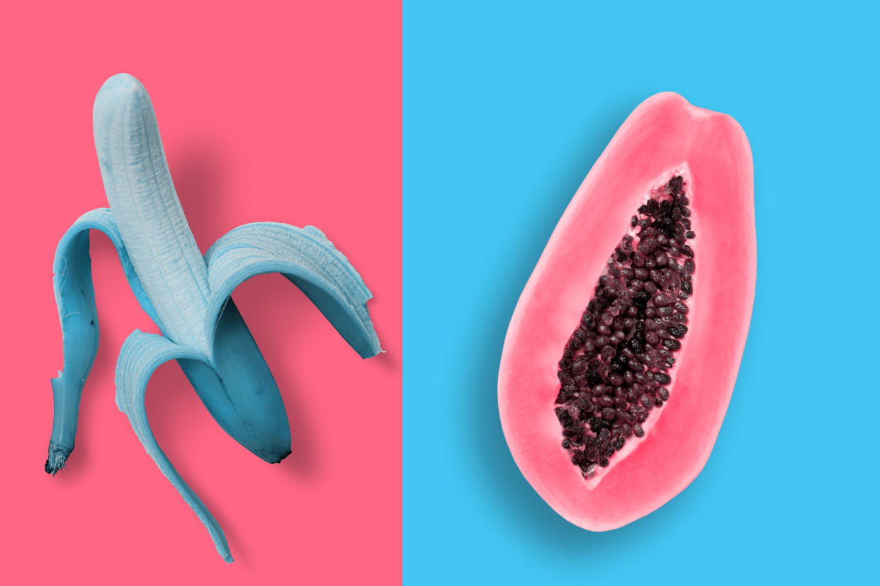 A peeled banana on a pink background and a sliced papaya on a blue background.