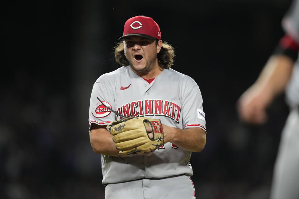 Cincinnati Reds relief pitcher Ian Gibaut reacts after getting Chicago Cubs' Nick Madrigal to ground out to end the eighth inning of a baseball game Monday, July 31, 2023, in Chicago. (AP Photo/Charles Rex Arbogast)