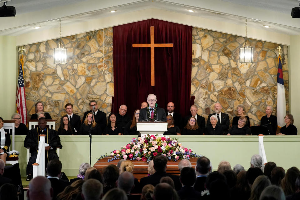 Jack Carter speaks during the funeral service for former first lady Rosalynn Carter.  / Credit: Alex Brandon/Pool via REUTERS