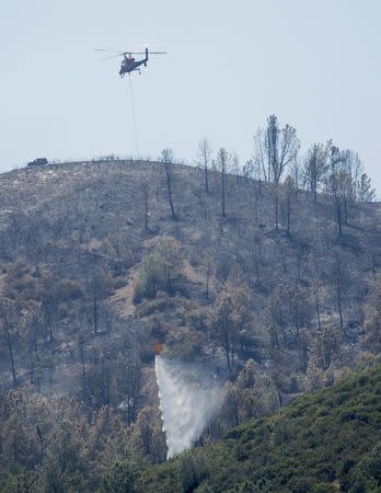 A helicopter drops water while battling a wildfire in Snell Valley, California July 3, 2014. REUTERS/Noah Berger