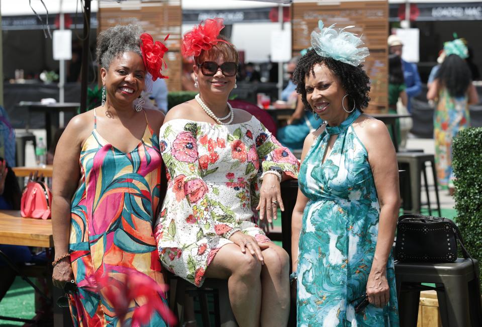 (L-R). Kimberly Hailey, Lisa Dawson and Lucy Howard displayed their fashion during Thurby at Churchill Downs in Louisville, Ky. on May. 2, 2024.
