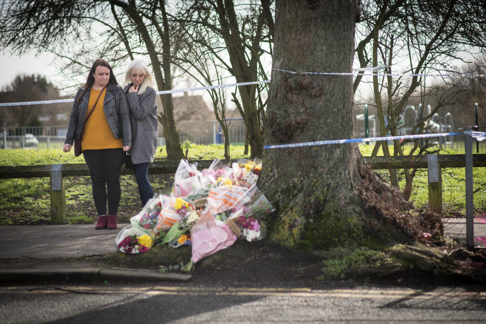 Flowers near to the scene in St Neot's Road in Harold Hill, east London, where 17-year-old Jodie Chesney, was stabbed to death on Friday night.