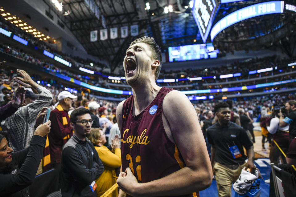 <p>Carson Shanks (32) of the Loyola (Il) Ramblers reacts to defeating Tennessee Volunteers during the game in the second round of the 2018 NCAA Men’s Basketball Tournament held at the American Airlines Center on March 17, 2018 in Dallas, Texas. Loyola-Chicago defeats Tennessee 63-62. (Photo by Andy Hancock/NCAA Photos/NCAA Photos via Getty Images) </p>