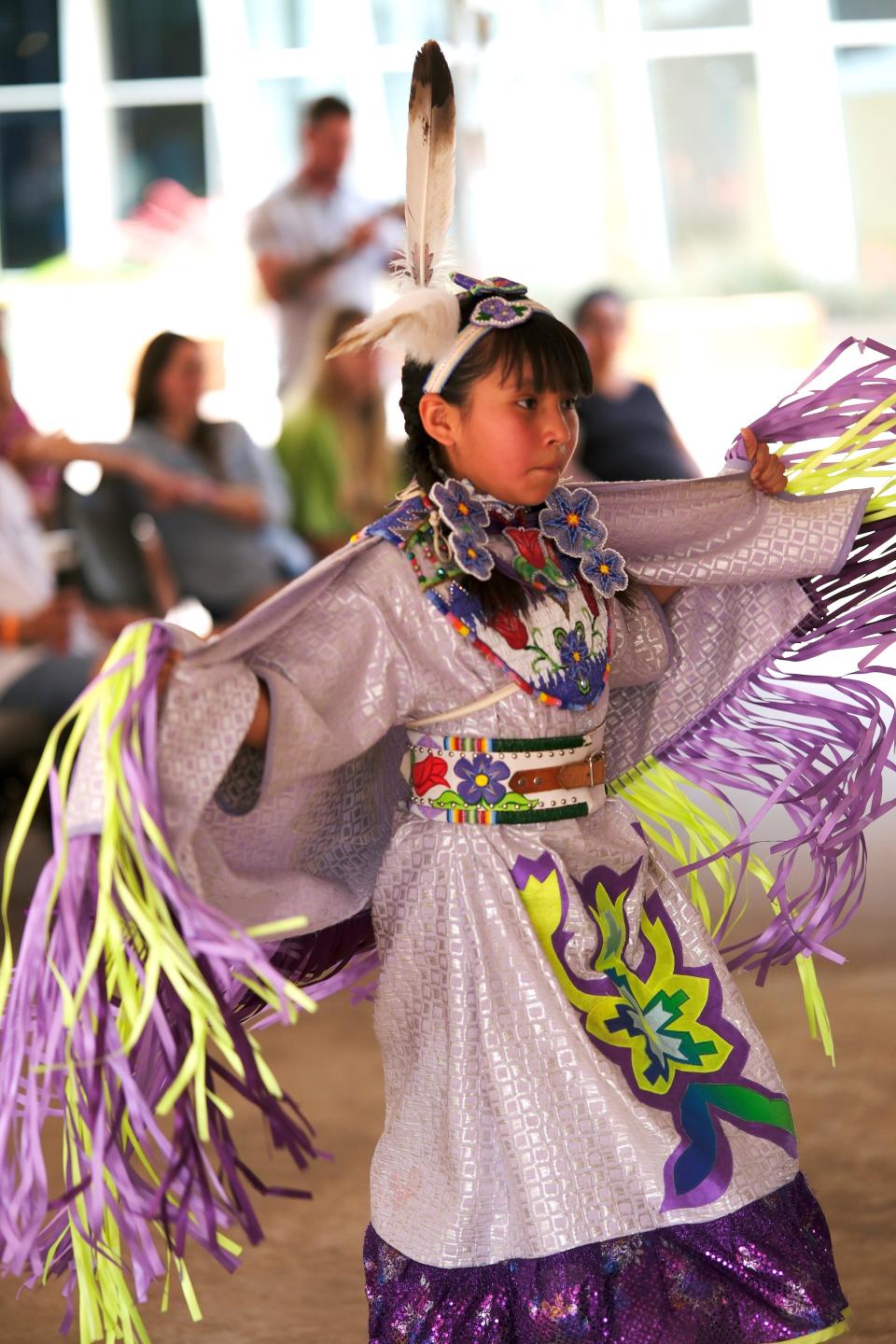 Glory Gray, Cheyenne, Kiowa, Ponca, dances during a June 2 2023, dance showcase by the Central Plains Dance Troupe at the Red Earth Festival at the National Cowboy & Western Heritage Museum in Oklahoma City.