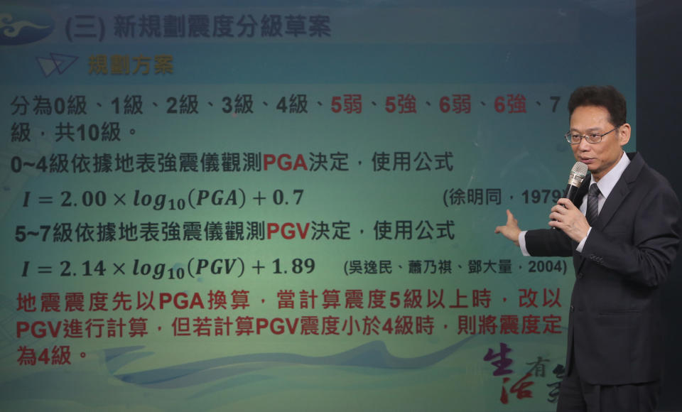 中央氣象局18日舉辦「地震新分級」記者會，氣象局地震測報中心主任陳國昌（圖）說明新分級制，將震度5級細分為「5強」「5弱」、6級細分為「6強」「6弱」，將自109年1月1日實施。（中央社）