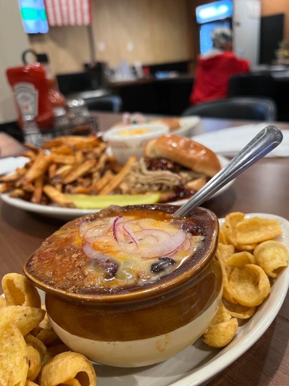 Leather Helmet Grill is a new downtown Canton eatery located next to the Palace Theatre. Menu items include homemade chili.