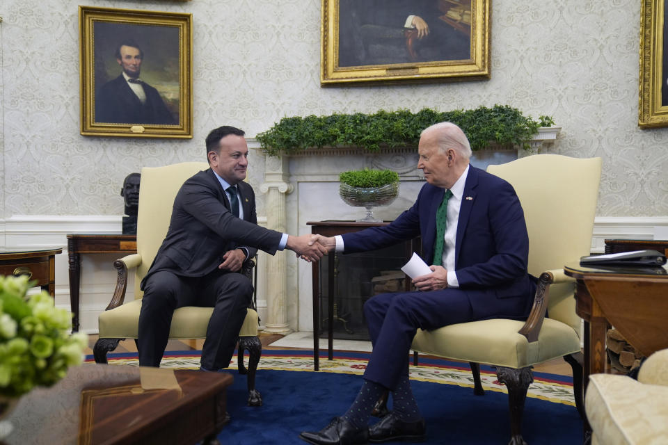 President Joe Biden meets with Irish Prime Minister Leo Varadkar in the Oval Office of the White House, Friday, March 15, 2024 in Washington. (AP Photo/Evan Vucci)
