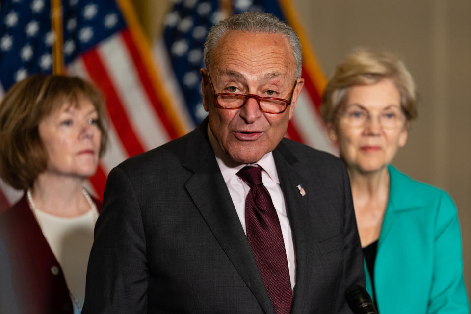 Senate Majority Leader Chuck Schumer at a news conference on Wednesday.