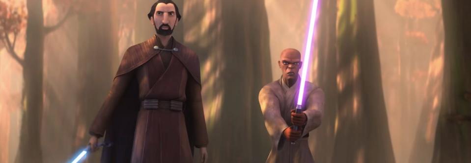 Count Dooku and Mace Windu holding lightsabers