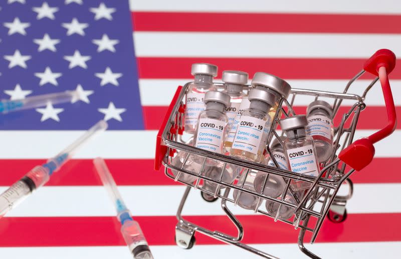 A small shopping basket filled with vials labeled "COVID-19 - Coronavirus Vaccine" and medical syringes are placed on a U.S. flag