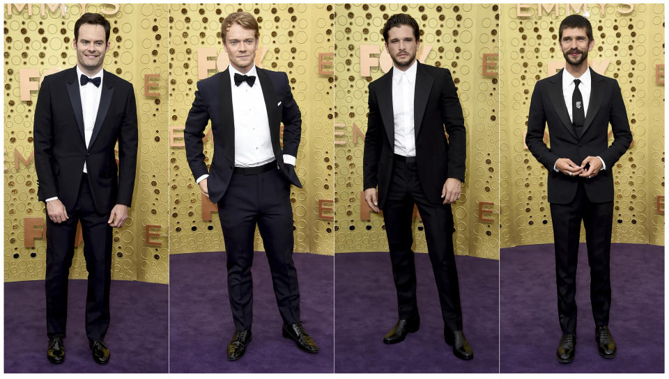 This combination photo shows, from left, Bill Hader, from "Barry," Alfie Allen, from "Game of Thrones," Kit Harington, from "Game of Thrones," and Ben Whishaw, from "A Very English Scandal," at the 71st Primetime Emmy Awards in Los Angeles on Sept. 22, 2019. (AP Photo)