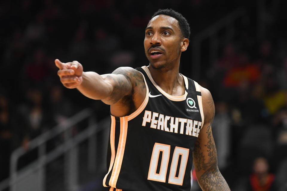 Atlanta Hawks guard Jeff Teague reacts toward a referee during the first half of an NBA basketball game against the Detroit Pistons, Saturday, Jan. 18, 2020, in Atlanta. (AP Photo/John Amis)