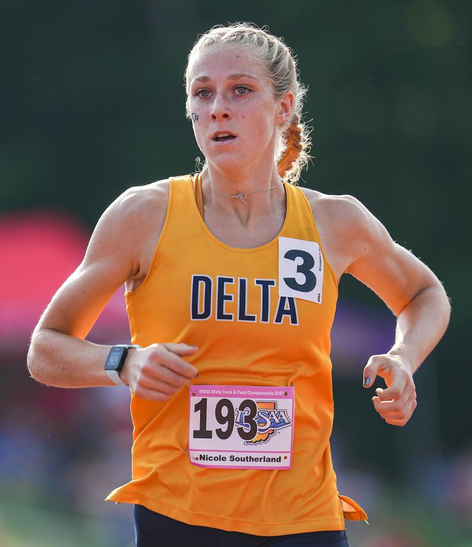 Delta's Nicole Southerland won the 1,600 meter run Saturday, June 3, 2023, during the IHSAA girls track and field state finals at Robert C. Haugh Track and Field Complex at Indiana University in Bloomington.