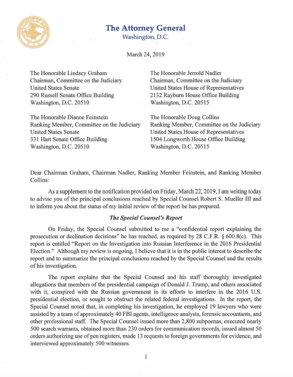 Page 1 of Attorney General William Barr's letter to Congress on Special Counsel Robert Mueller's report.