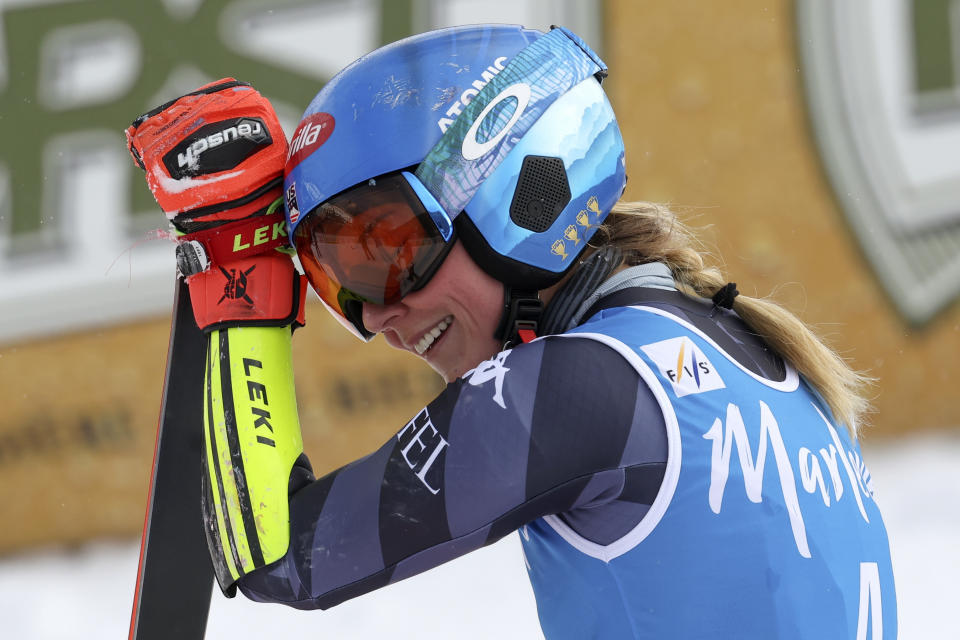 United States' Mikaela Shiffrin reacts after winning an alpine ski, women's World Cup giant slalom, in Kronplatz, Italy, Tuesday, Jan. 24, 2023. Shiffrin won a record 83rd World Cup race Tuesday. (AP Photo/Alessandro Trovati)
