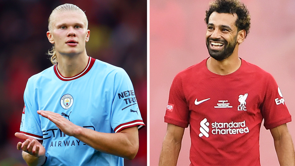 Premier League champions Manchester City Striker Erling Haaland (pictured left) clapping and Liverpool's Mohamed Salah (pictured right) smiling.