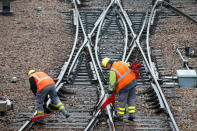 French state-owned railway company SNCF workers inspect the tracks at a SNCF depot station in Charenton-le-Pont near Paris, France, May 31, 2016 as railway workers will start a national railway strike on Tuesday evening. REUTERS/Charles Platiau