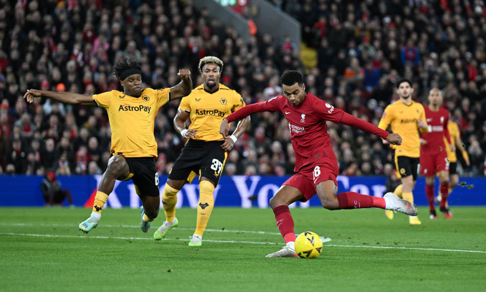 LIVERPOOL, ENGLAND - JANUARY 07: ( THE SUN OUT,THE SUN ON SUNDAY OUT) Cody Gakpo of Liverpool during the F.A. cup  at Anfield on January 07, 2023 in Liverpool, England. (Photo by Andrew Powell/Liverpool FC via Getty Images)