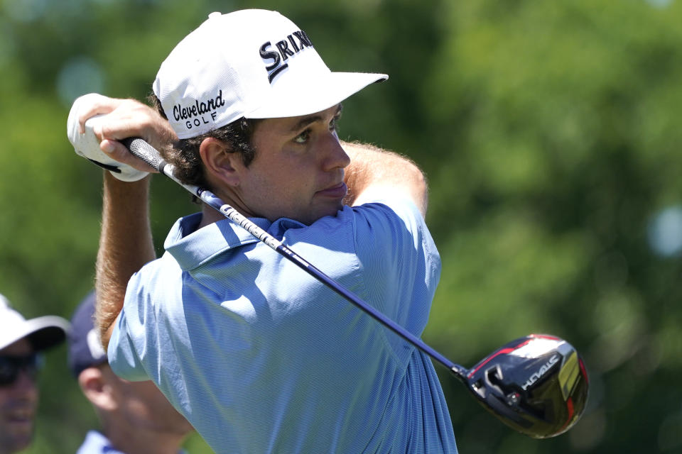 David Shore watches his tee shot during a practice round ahead of the U.S. Open golf tournament, Tuesday, June 14, 2022, at The Country Club in Brookline, Mass. (AP Photo/Charles Krupa)