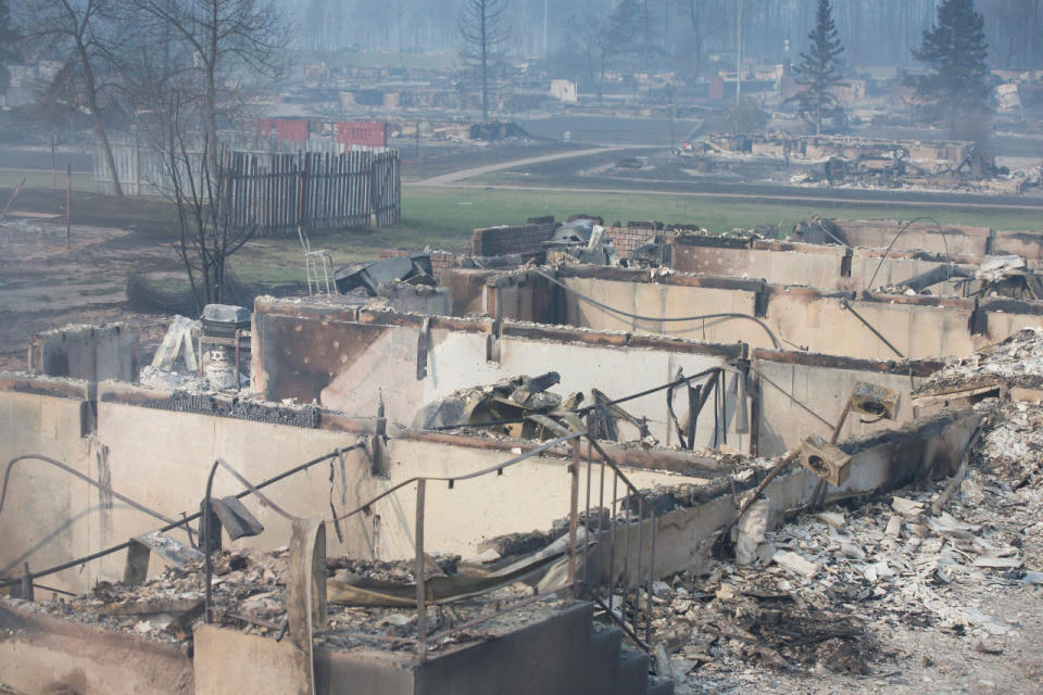 Home foundations are all that remain in a residential neighborhood destroyed by a wildfire on May 6, 2016 in Fort McMurray. (Photo by Scott Olson/Getty Images)