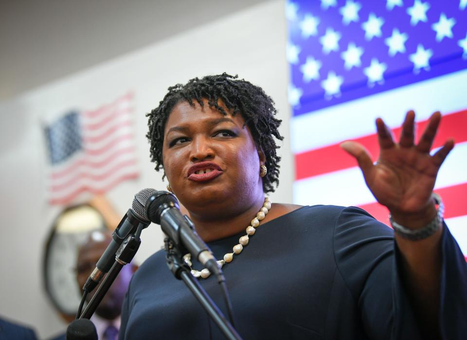 Nov 5, 2018;  Savannah, GA, USA; Democratic Georgia gubernatorial candidate Stacey Abrams speaks on the campaign trail at the Longshoremen Union Hall in Savannah, Georgia one day before the Nov. 6 elections.