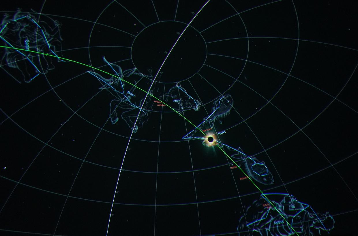 A program showing the total eclipse and the location of several constellations in the sky at the Walter A. Hassett Memorial Planetaruim at North Rockland High School in Thiells on Tuesday, March 26, 2024.