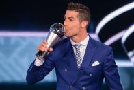 <p>FIFA player of the year Cristiano Ronaldo celebrates </p>