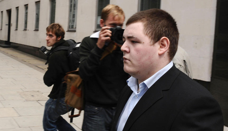 Jamie Waylett, actor in the Harry Potter films, leaves Westminster Magistrates Court in London, after he pleaded guilty to growing 10 plants in tents at his mother's home.   (Photo by Ian West/PA Images via Getty Images)