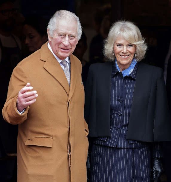 PHOTO: King Charles III and Camilla, Queen Consort visit the Talbot Yard food court on April 5, 2023 in Malton, England. (Chris Jackson/Getty Images)