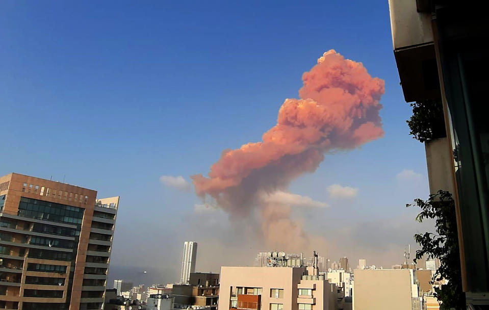 A picture shows the scene of a huge explosion that rocked the Lebanese capital Beirut on August 4, 2020. - A large explosion rocked the Lebanese capital Beirut on August 4, an AFP correspondent said. The blast, which rattled entire buildings and broke glass, was felt in several parts of the city. (Photo by Janine HAIDAR / AFP) (Photo by JANINE HAIDAR/AFP via Getty Images)