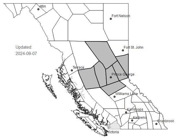 Smoky skies bulletins have been issued for the South Peace River, Cariboo region, Lake District, McGregor, Quesnel, Prince George, Stuart, Nechako, Williston.