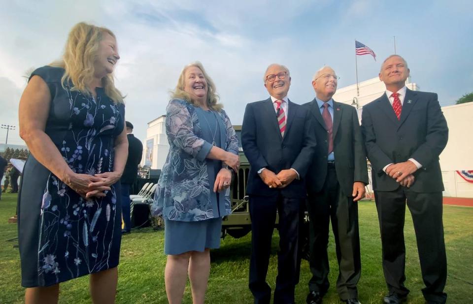 The children of Lt. Gen. Hal and Julia Moore speak with reporters before a Thursday morning ceremony at Doughboy Stadium where Fort Benning was redesignated as Fort Moore. 05/11/2023