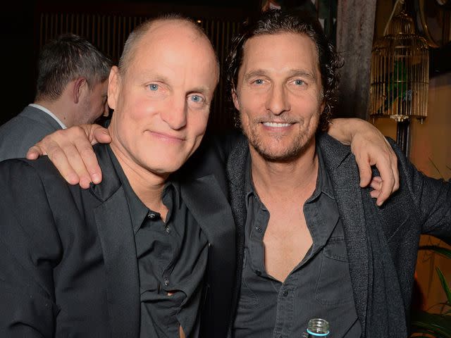 <p>David M. Benett/Dave Benett/Getty</p> Woody Harrelson and Matthew McConaughey attend the launch party of new bar The Parrot at The Waldorf Hilton on November 8, 2018 in London, England.