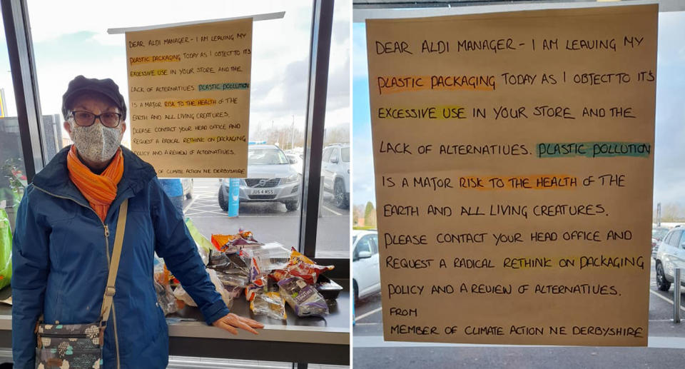 An Aldi customer standing next to the plastic she unwrapped from her groceries.