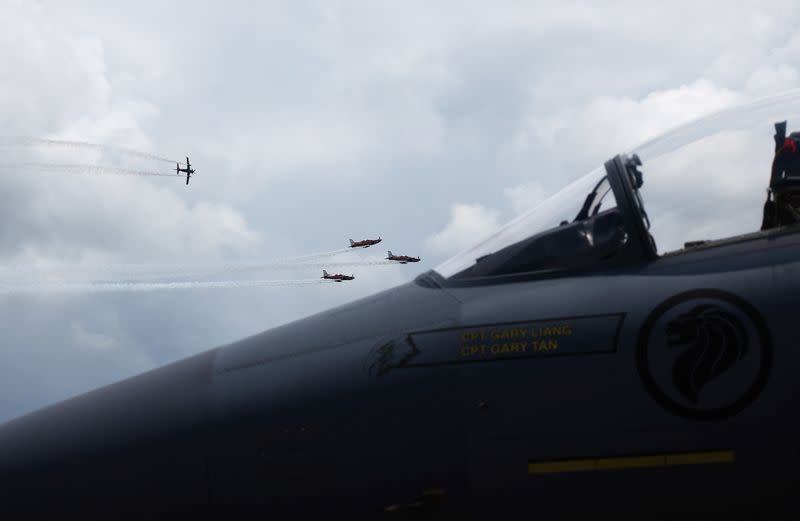 Royal Australian Air Force's Roulettes perform during an aerial display at the Singapore Airshow