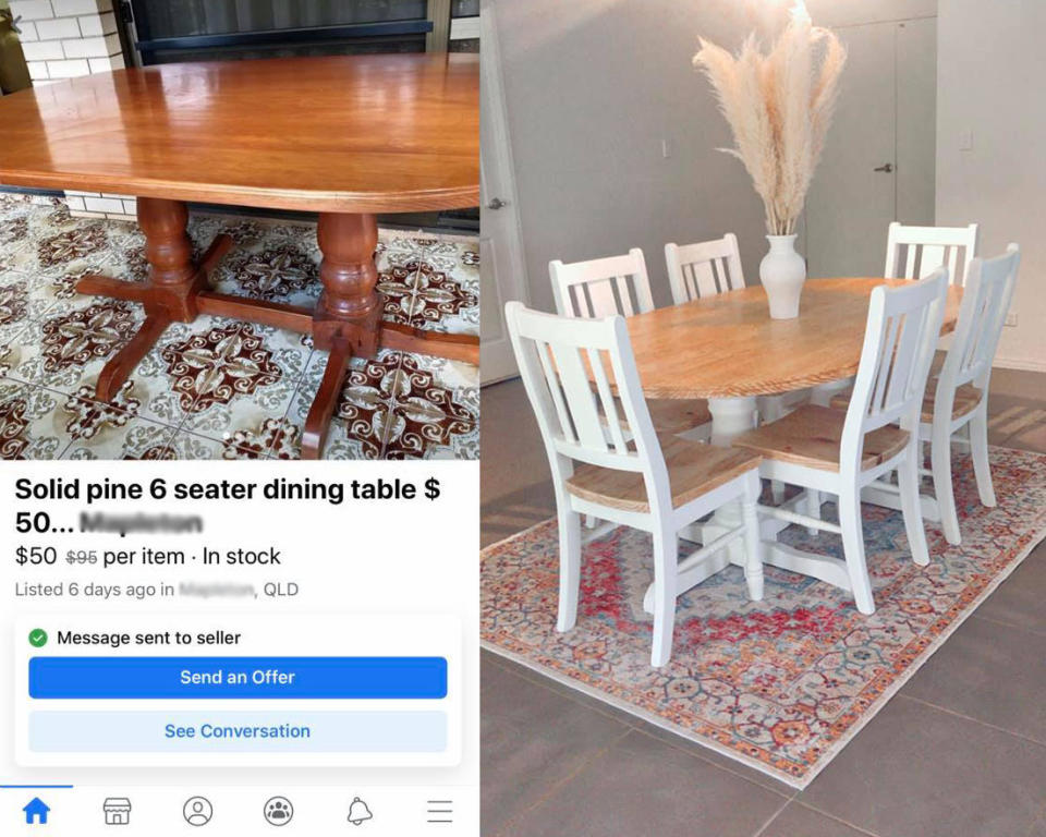 Whitney's dining table before and after the makeover. Photo: Facebook (supplied).