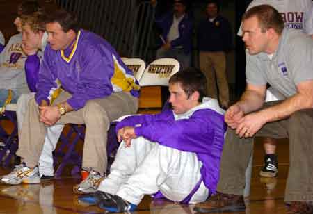 Senior Aaron Pickrel, center, shown pictured between head coach Bob Hirsch (left) and assistant coach Aaron Althoff, was one of the leaders for the 2007-08 Watertown High School wrestling team.