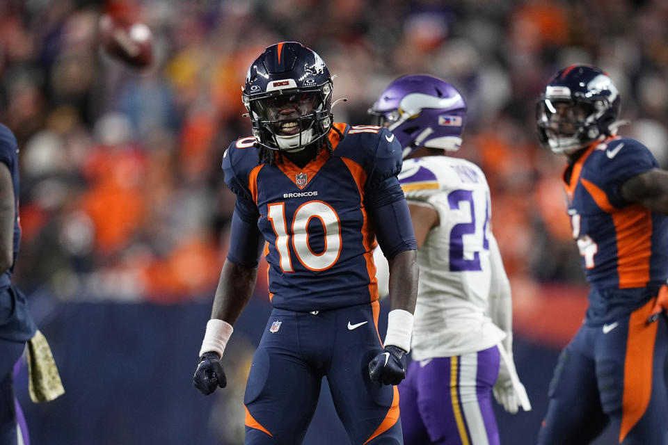 Denver Broncos wide receiver Jerry Jeudy (10) celebrates his first down during the second half on an NFL football game against the Minnesota Vikings, Sunday, Nov. 19, 2023, in Denver. (AP Photo/Jack Dempsey)