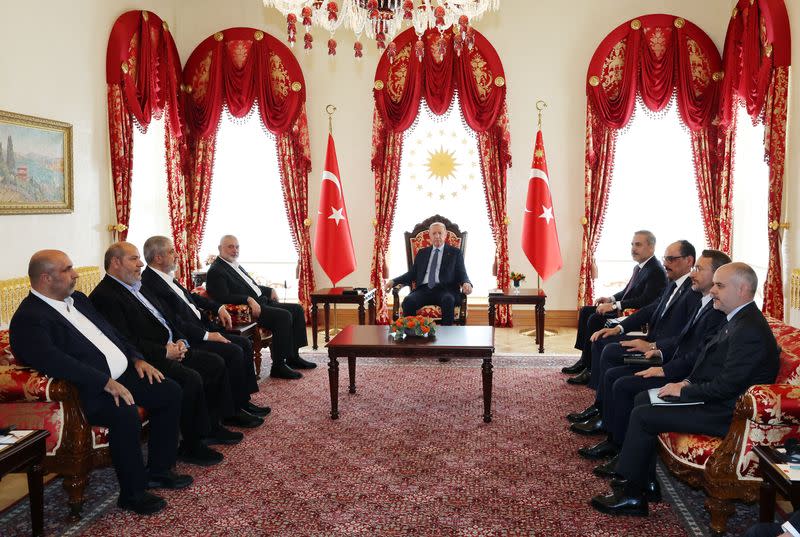 Turkish President Erdogan meets with Ismail Haniyeh, leader of the Palestinian Islamist group Hamas, in Istanbul