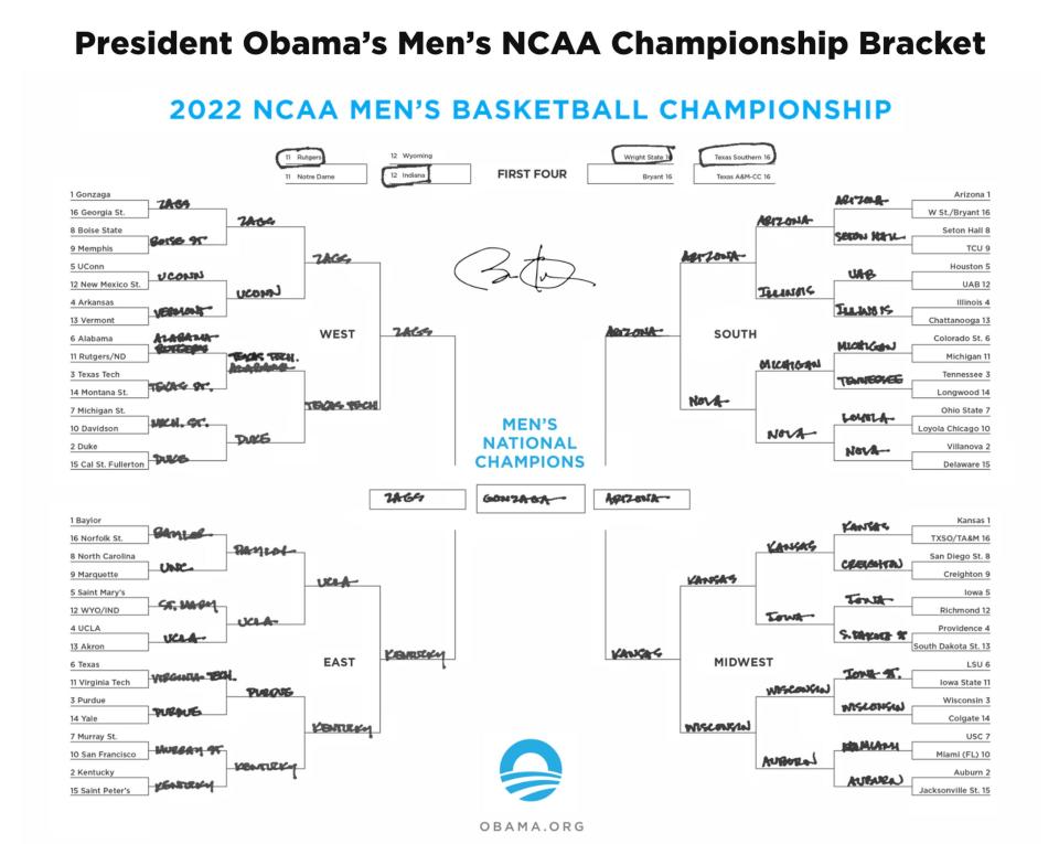 Former President Barack Obama reveals his March Madness bracket for the men's NCAA tournament.