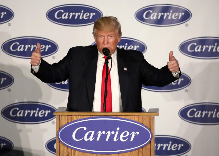 Donald Trump speaks at Carrier HVAC plant in Indianapolis. (Photo: Chris Bergin/Reuters)