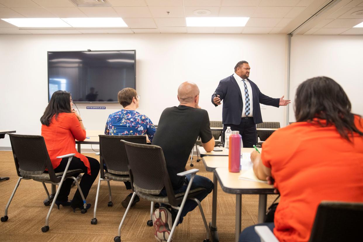 Las Cruces City Manager Ifo Pili speaks during the Faith for the Unhoused meeting at Las Cruces City Hall on Thursday, June 30, 2022.