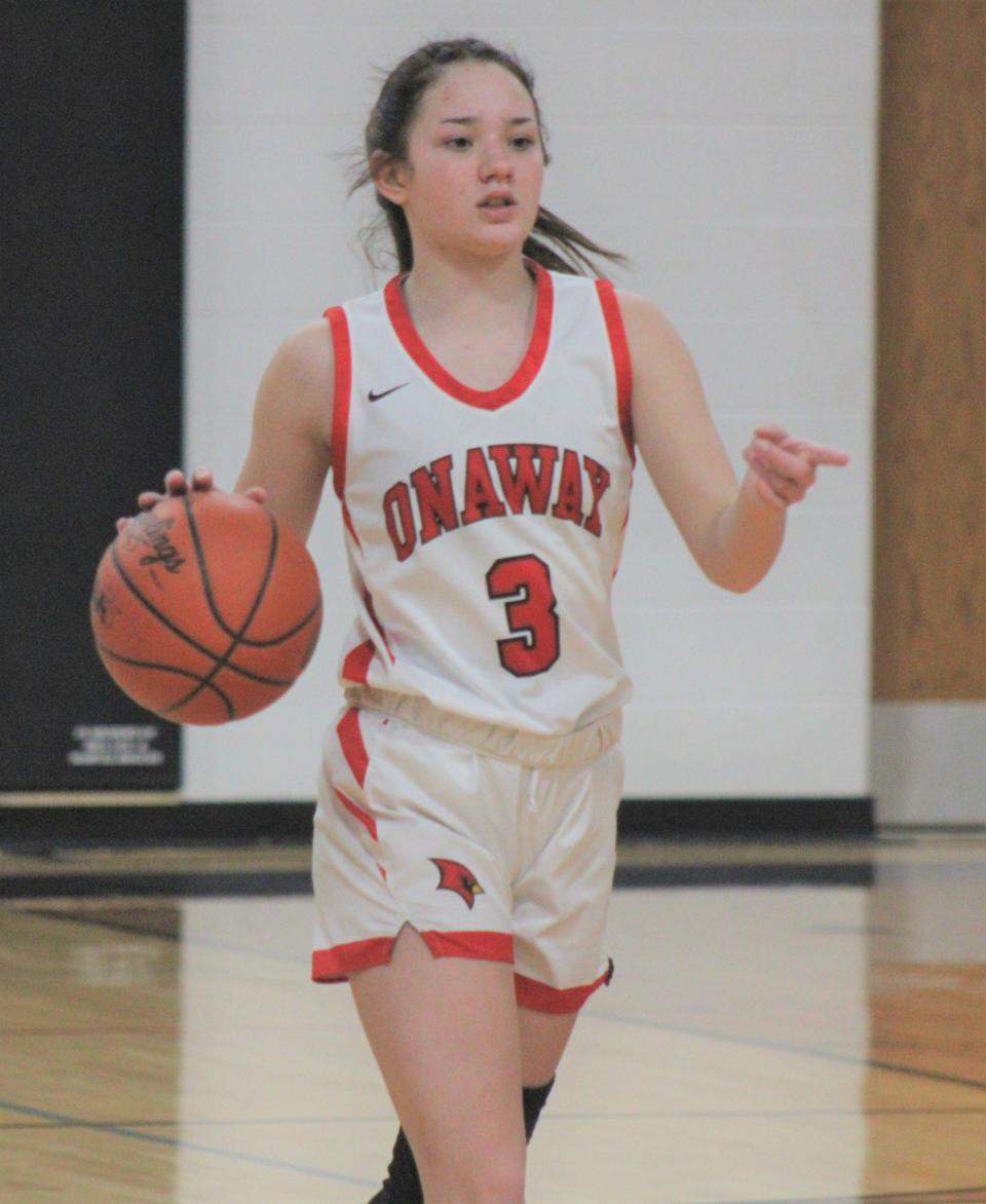 Sophomore Charlotte Box (3) scored a team-high 16 points to help lead the Onaway girls past Pickford at home on Monday.