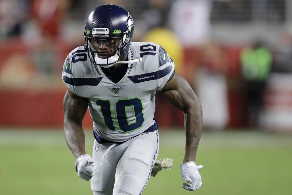 Seattle Seahawks wide receiver Josh Gordon (10) runs against the San Francisco 49ers during the first half of an NFL football game in Santa Clara, Calif., Monday, Nov. 11, 2019.